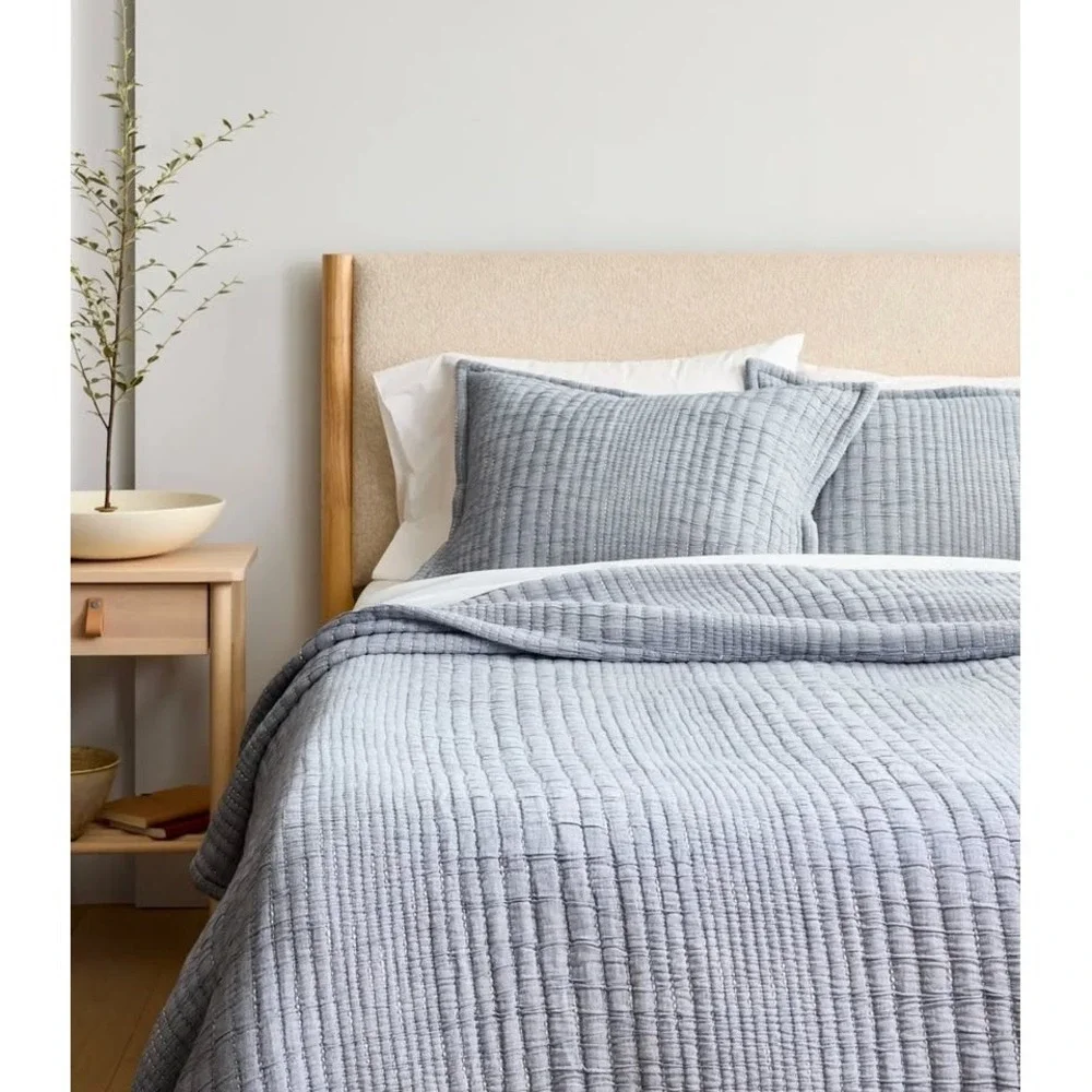Organic Cotton Channel Stitch Coverlet Set Full/Queen Size Blue with Sham Set